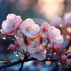 rosehip flowers on branches with dew drops at sunrise on the beac