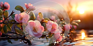 rosehip flowers on branches with dew drops at sunrise on the beac