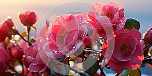 rosehip flowers on branches with dew drops at sunrise on the beac