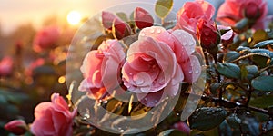 rosehip flowers on branches with dew drops at sunrise on the beac