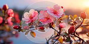 rosehip flowers on branches with dew drops at sunrise on the beac