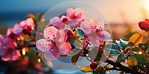 rosehip flowers on branches with dew drops at sunrise on the beac