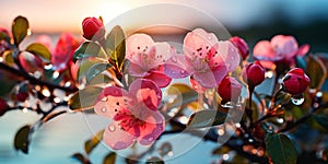 rosehip flowers on branches with dew drops at sunrise on the beac