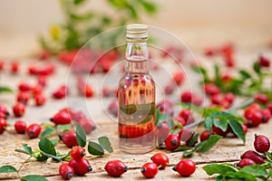 Rosehip oil in glass bottle with berries around from close up
