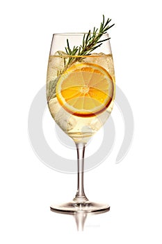 Rosemary Citrus Spritzer with a slice of orange and a sprig of rosemary. AI generative image.