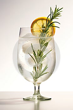 Rosemary Citrus Spritzer with a slice of orange and a sprig of rosemary. AI generative image.