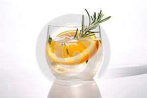 Rosemary Citrus Spritzer with a slice of orange and a sprig of rosemary. AI generative image.