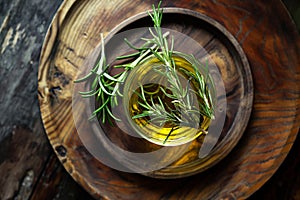 Rosemary oil bottle on wooden background. Essential oil, aromatherapy natural remedies