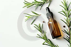 Rosemary oil bottle on wooden background. Essential oil, aromatherapy natural remedies