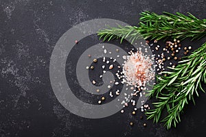 Rosemary plant, salt and spices on black stone table top view with copy space for menu or recipe, flat lay.