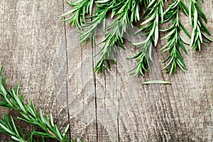 Rosemary plant on wooden vintage table from above, fresh organic herbs with copy space for text.