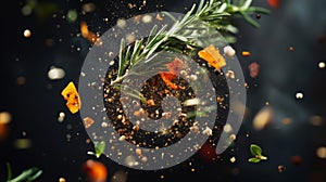 Rosemary and Spice Explosion Against Dark Background