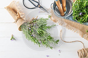 Rosemary sprigs bunch nestled inside a burlap bag tied with twine on wooden background. Fresh organic herbs with copy space for