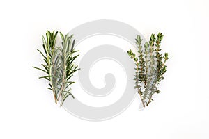 Rosemary , thyme. Bunch of garden herbs isolated on white background. Copy space