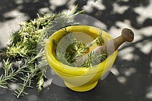 Rosemary twigs in a mortar with a wooden pestle on a black table