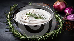 Rosemary Yogurt Dish On Dark Stone Background