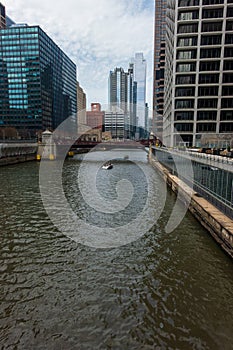 Rosemont, IL - APRIL 23, 2022: Downtown Chicago private boat on Chicago River