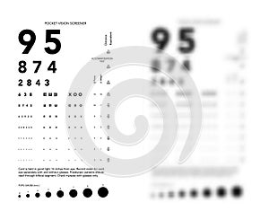 Rosenbaum Pocket Vision Screener Eye Test blurred Chart medical illustration with numbers. Line vector sketch outline