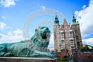 Rosenborg Castle and a Lion Statue in front, Copenhagen, Denmark