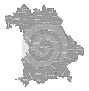 Rosenheim city red highlighted in map of Bavaria Germany