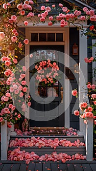 Roses adorn a door of a building with a wreath, adding charm to the property