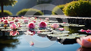 roses bloom in the lotus pond