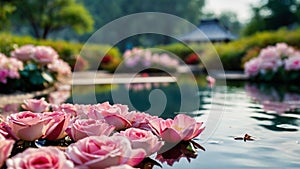 roses bloom in a zen garden