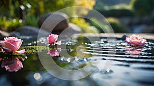 roses bloom in a zen garden