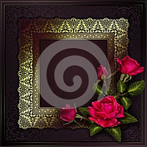 Roses bouquet corner with frame Vintage background mandala card with golden lace ornaments and art deco floral decorative elements