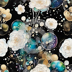 Roses And Bubbles On Black Abstract