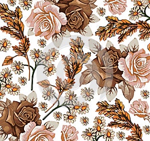 Roses. Camomiles. Ears pattern. Realistic isolated flowers. Vintage baroque background. Wallpaper. Drawing engraving.