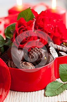 Roses  and chocolate candies for Valentine`s Day