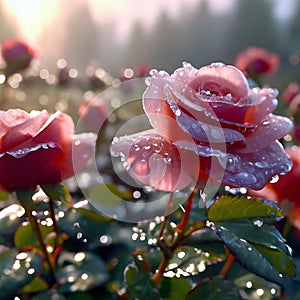 Roses. Close up of beautiful creamy pink rose petals with dew drops in bright sunlight.