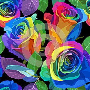 Seamless Pattern - Multicolored Roses on White Background.