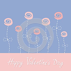 Roses with dash line stalks. Happy Valentines Day. Love card. Rose quartz serenity color