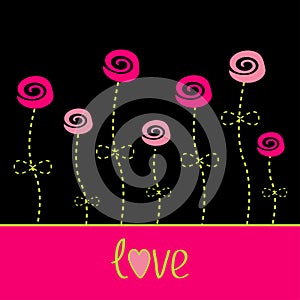 Roses with dash line stalks. Vector love card. Black, pink and