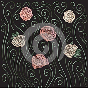 Roses embroidery background.