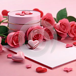 Roses with envelope and gift on red background. Valentine& x27;s Day celebration