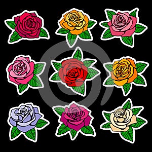 Roses fashion vector patches and stickers in nineties style design