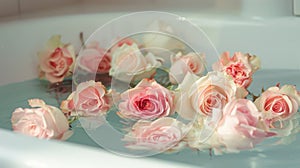 Roses floating in a bathtub with tranquil water