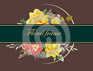 Roses floral wreath in fall colors with yellow and pink watercolor handpaint flowers on dark brown with green background