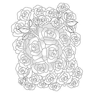 roses flower doodle repeat pattern with line art coloring page drawing of monochrome sketch design