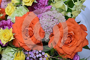 Roses flowers bouquet close up and yellow and orange roses close up