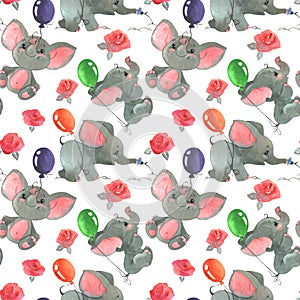 Roses flowers and buds with cute elephants with baloons seamless pattern background