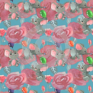 Roses flowers and buds with cute elephants with baloons seamless pattern background