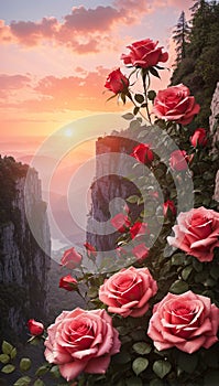 Roses and Flowers at a Cliff and Mountain, Background , using Generative ai