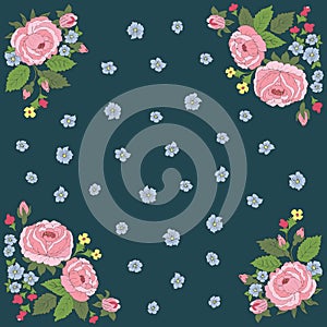 Roses and forget-me-not on dark blue background. Vector