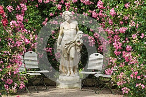 Roses and gods statue in the rose garden Beutig in Baden-Baden