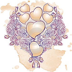 Roses and Hearts arranged in a heart shaped pattern. St Valentine`s day festive design