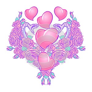 Roses and Hearts arranged in a heart shaped pattern. St Valentine`s day festive design